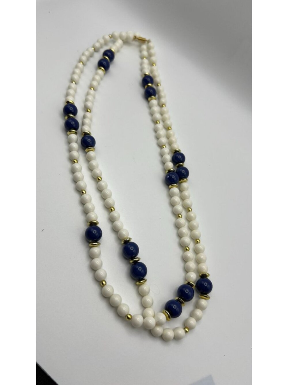 Vintage Double-Strand White & Blue Beaded Necklace With Gold-Tone Accents And Tw
